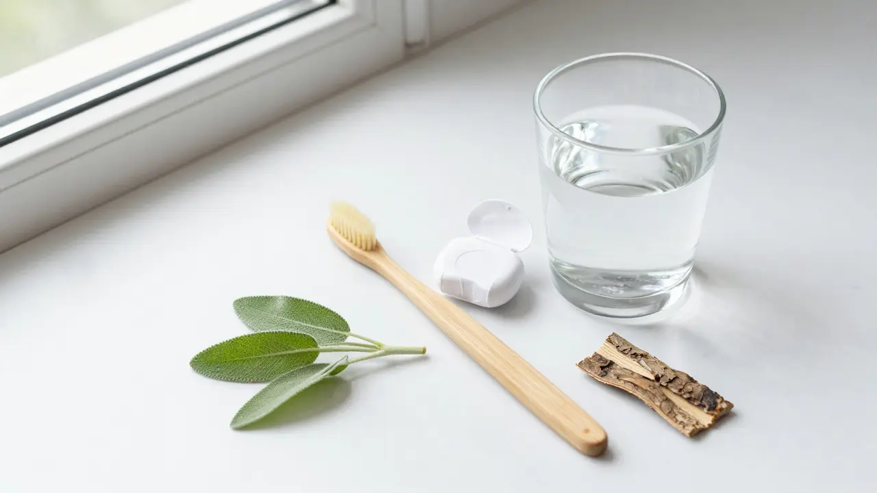 Sada pro domácí péči o dásně včetně měkkého kartáčku a nitě.