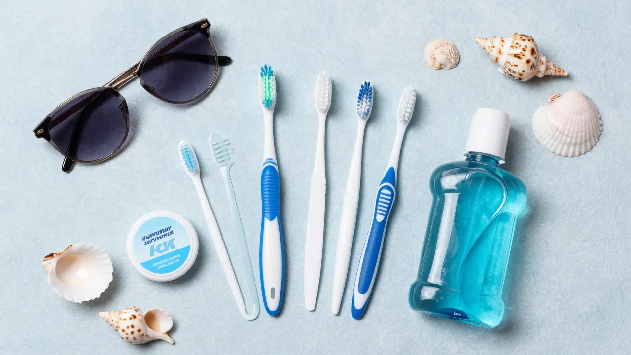 Sada pro hygienu zubů s keramickými rovnátky na cestách s plážovými doplňky.