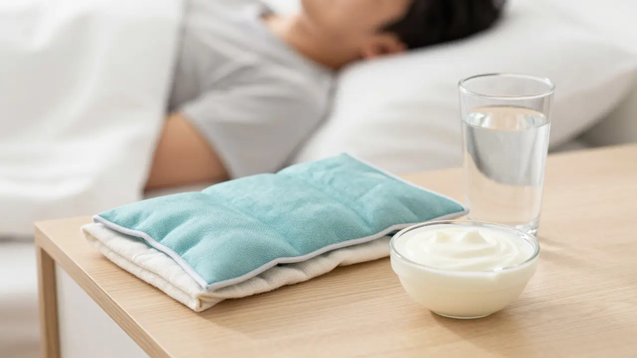 Sada pro rekonvalescenci: chladící polštář, jogurt a voda na stole.