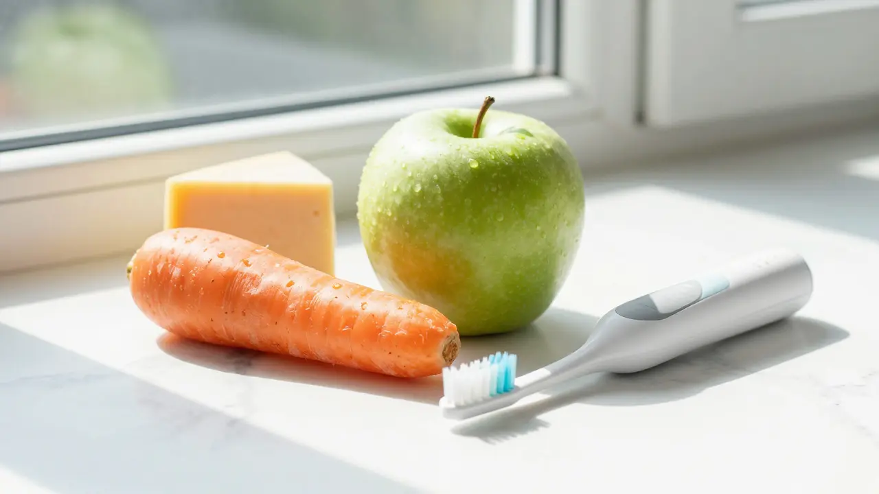 Sada zdravých potravin, jako jablko a mrkev, vedle mezizubního kartáčku.