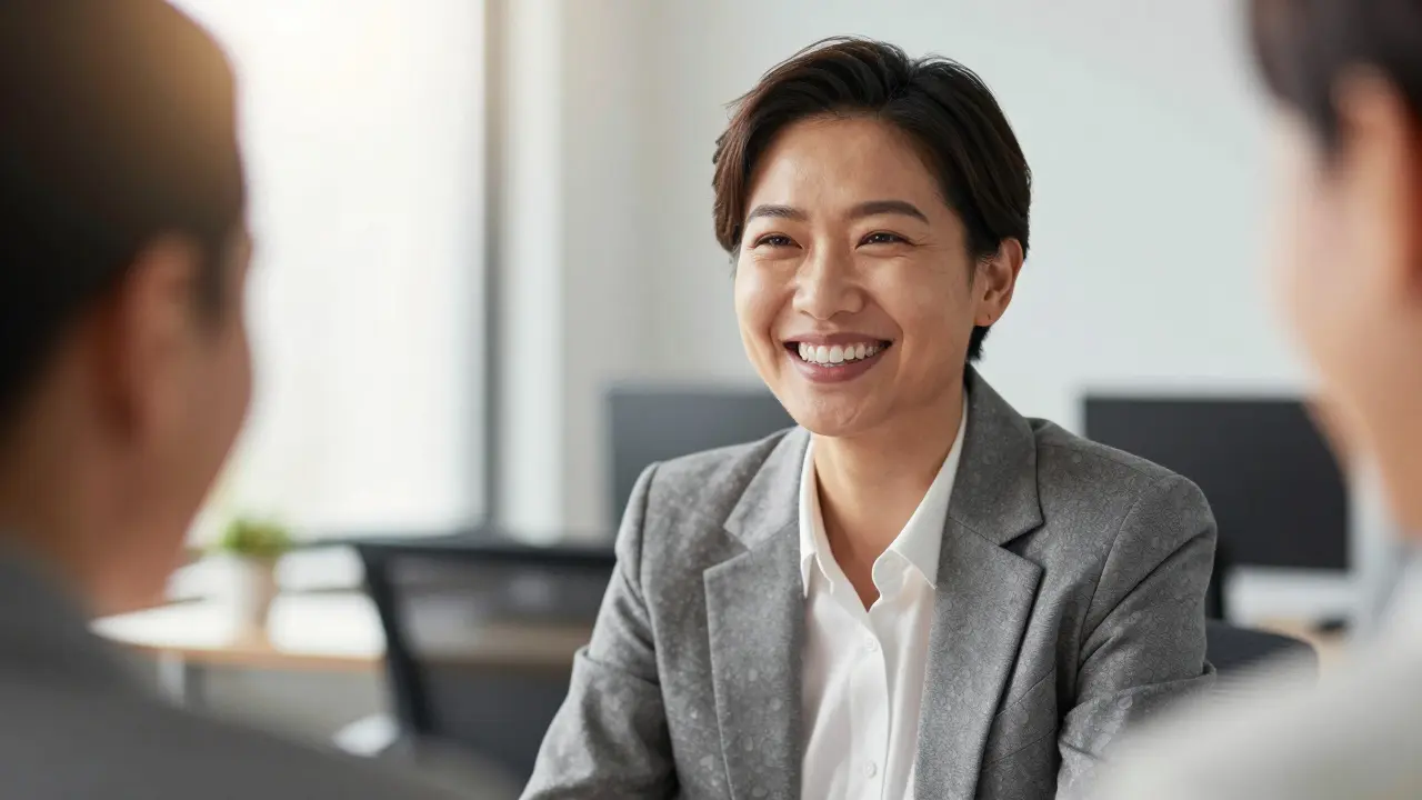 Sebevědomý dospělý člověk s přirozeným a krásným úsměvem v pracovním prostředí.