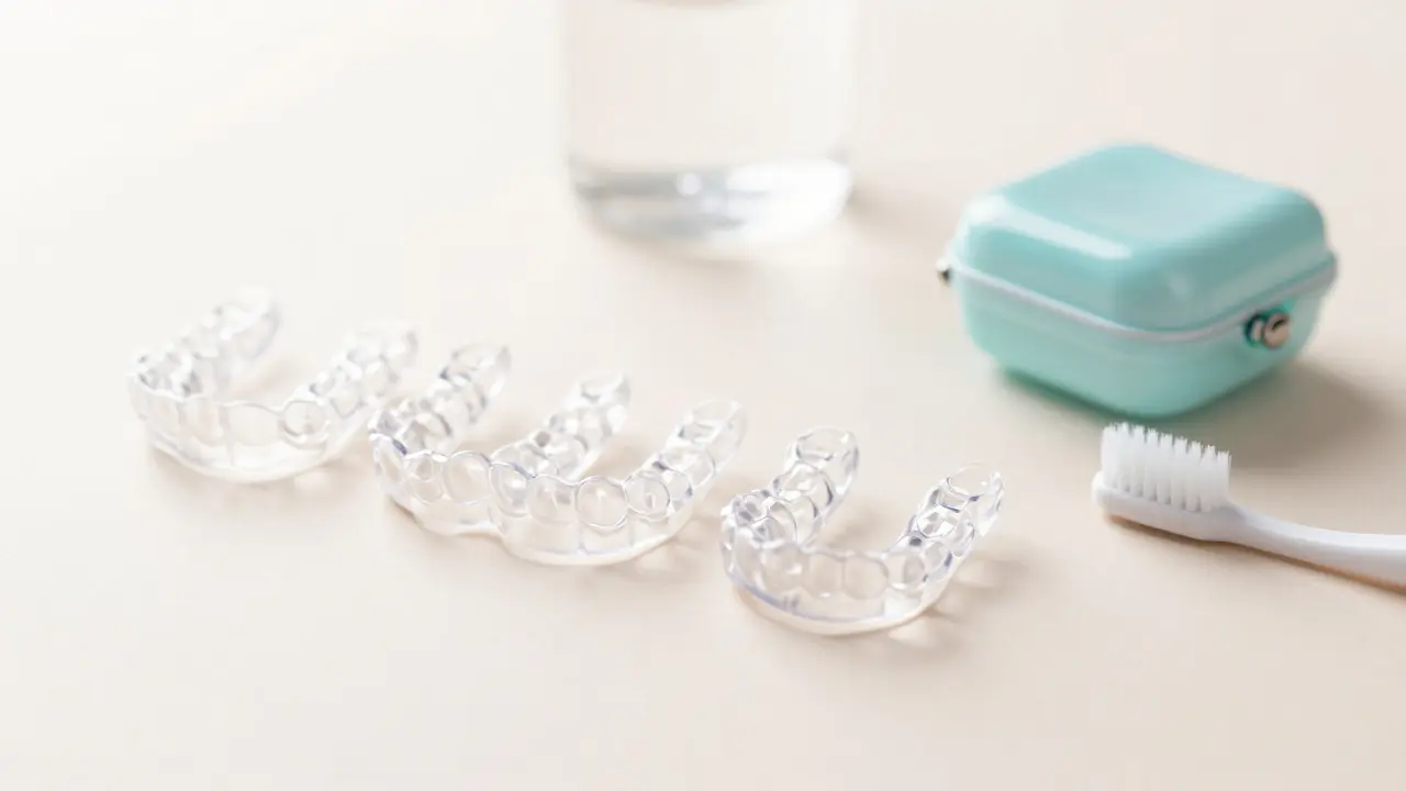 Série průhledných plastových nálevků pro vyrovnávání zubů v elegantním řadu.