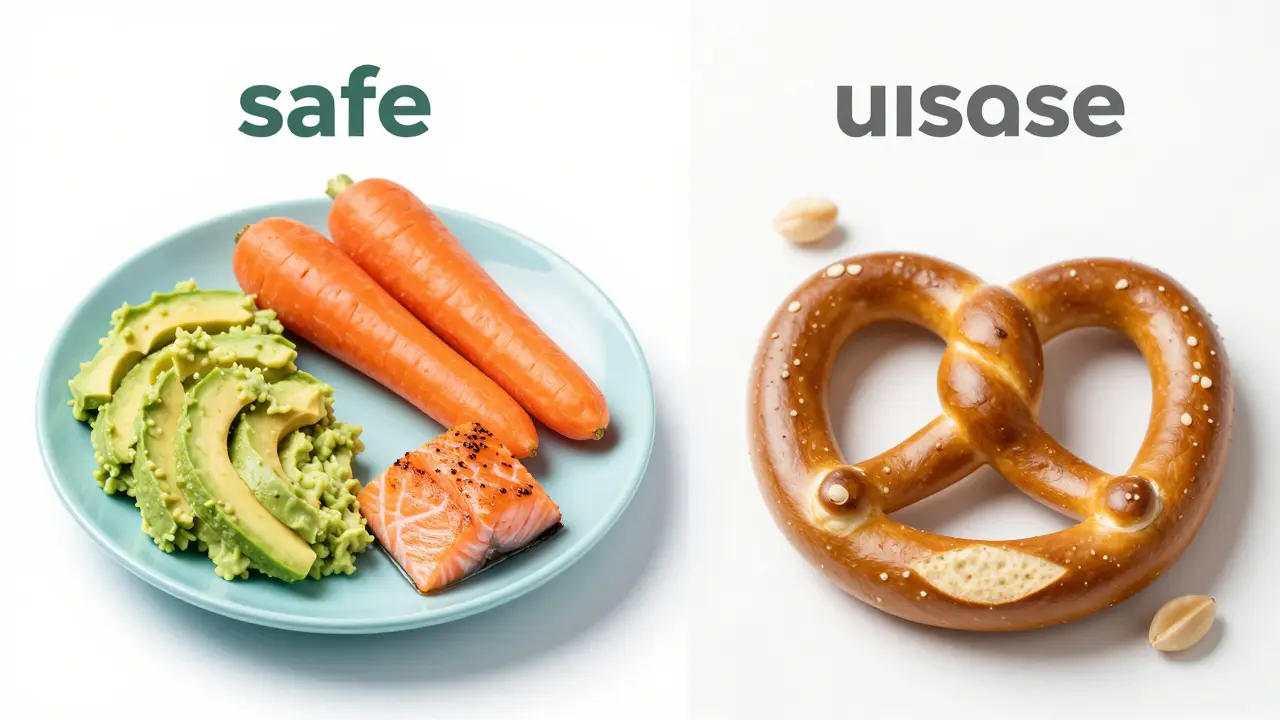 Sestava měkkých potravin jako losos, mrkev a avokádo