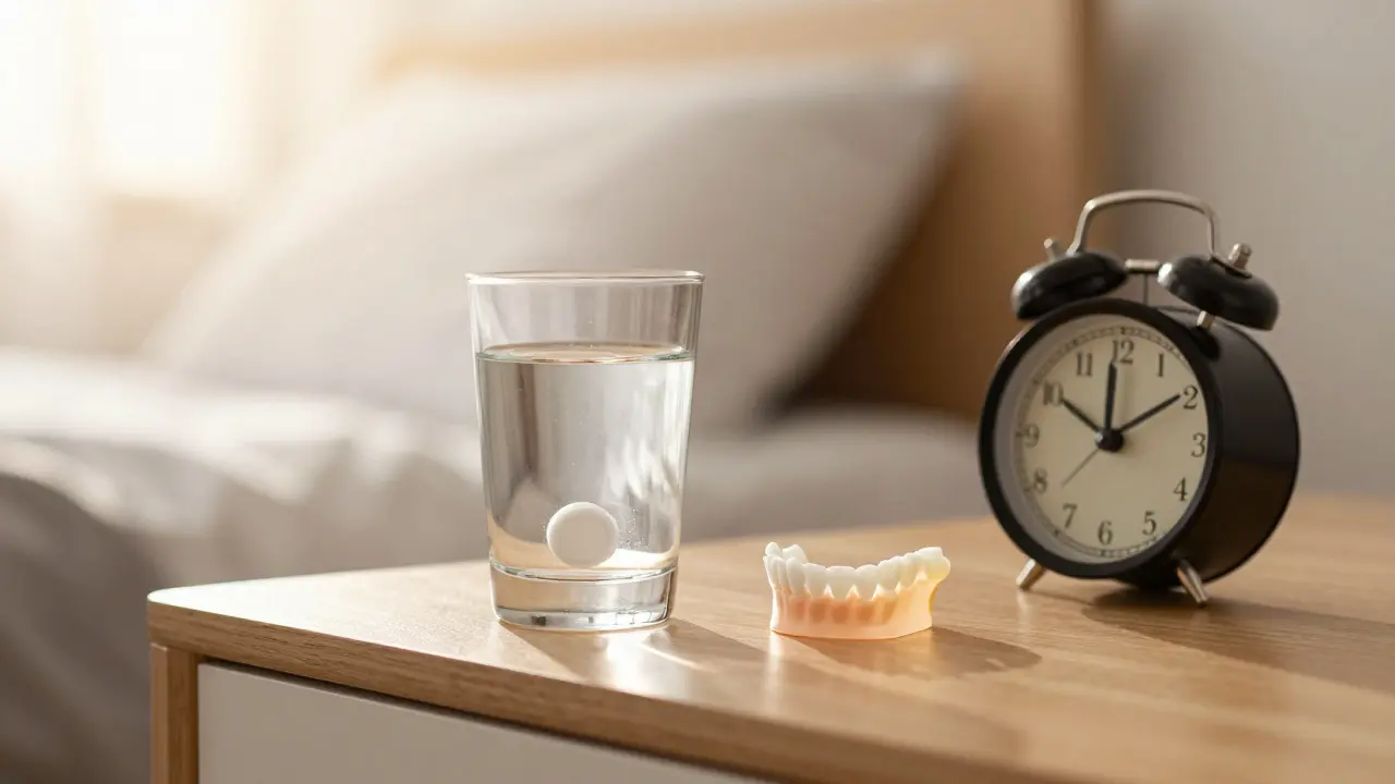 Sklenice s roztokem pro čištění zubů a budík na nočním stolku při úsvitu.