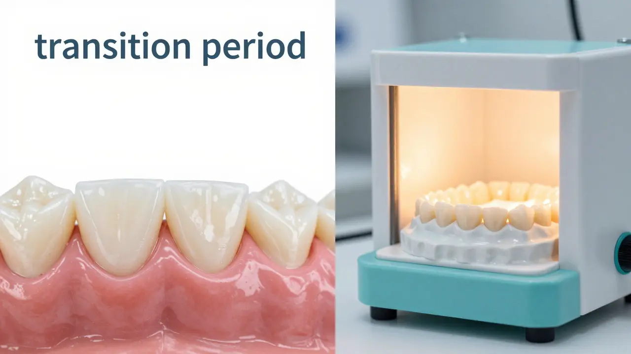 Srovnání procesu aplikace dočasných fazet a vypalování finální keramiky v laboratoři.