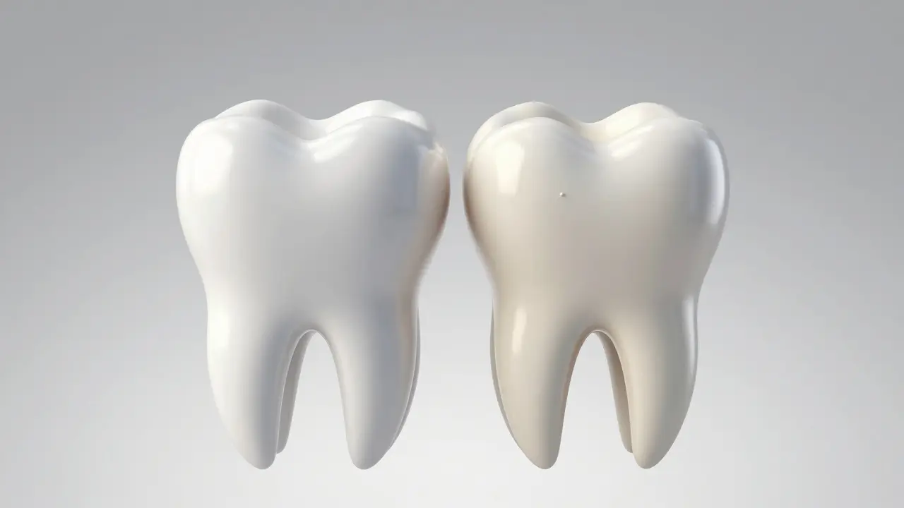 Srovnání zdravého zubu a zubu s opotřebovanou sklovina v důsledku bruxismu.