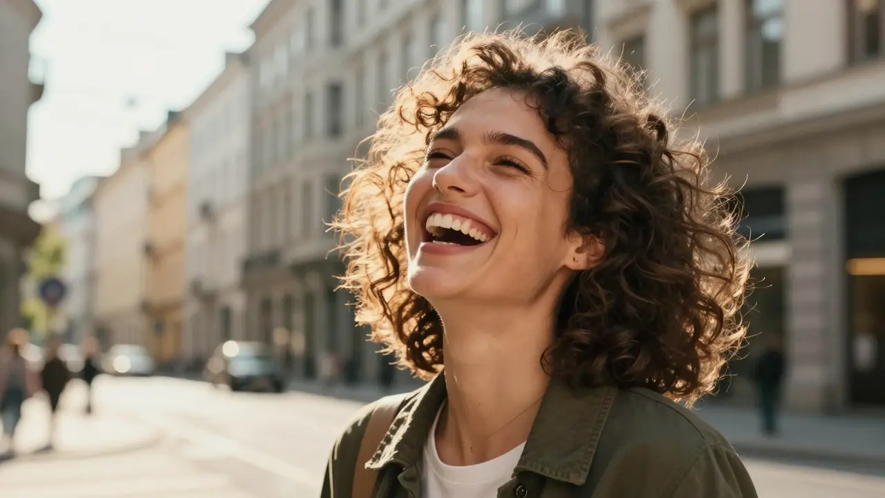 Šťastný člověk se s plným sebevědomím směje na sluneční ulici.