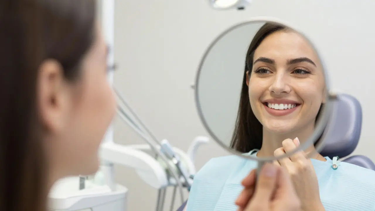 Usměv člověka obdivujícího čisté zuby v moderní zubní ordinaci.