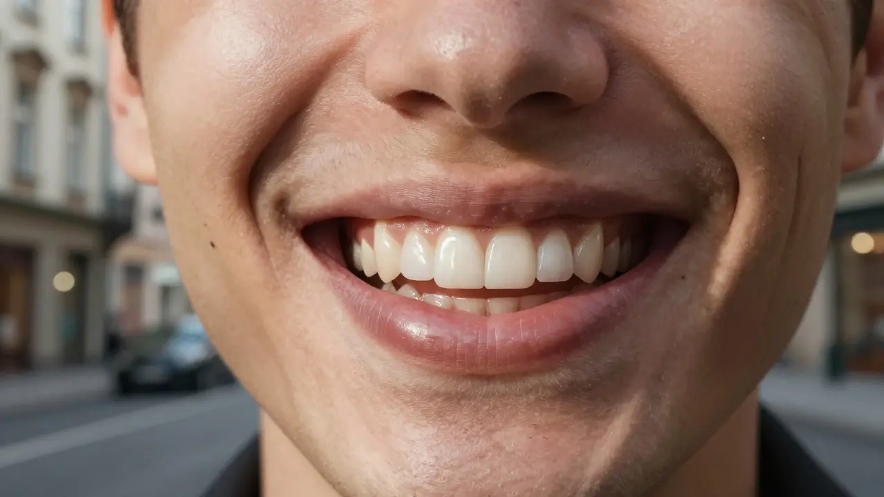 Zblízký pohled na dokonalý a přirozený úsměv po aplikaci keramických fazet.