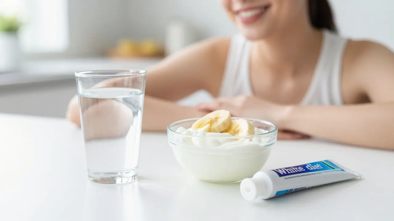 Zdravá bílá strava a fluoridová pasta pro udržení bílosti zubů.