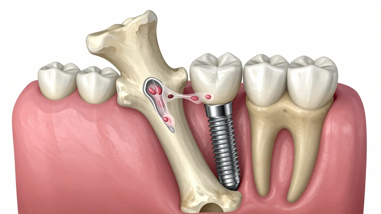 Anatomický pohled na titanový implantát v čelisti