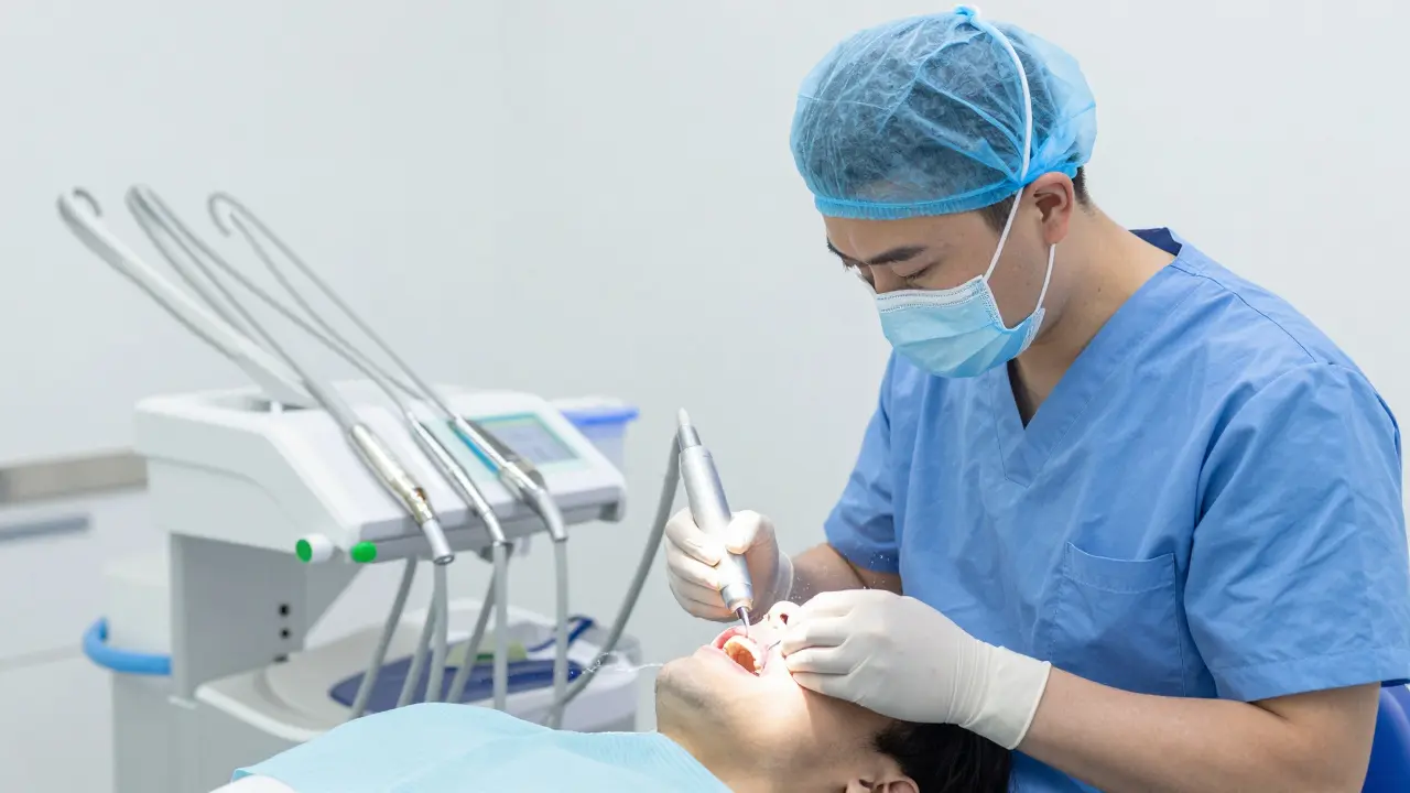 Dentista čistí zuby ultrazvukem v ordinaci