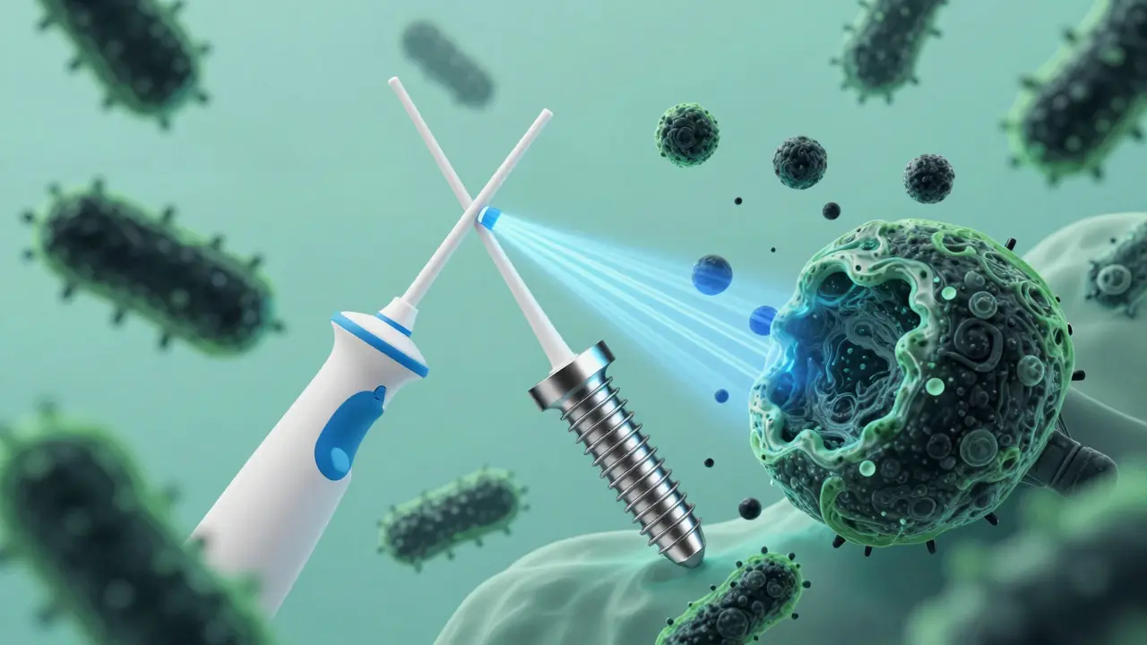 Konceptuální ilustrace odstraňování bakteriálního plaku z povrchu zubního implantátu.