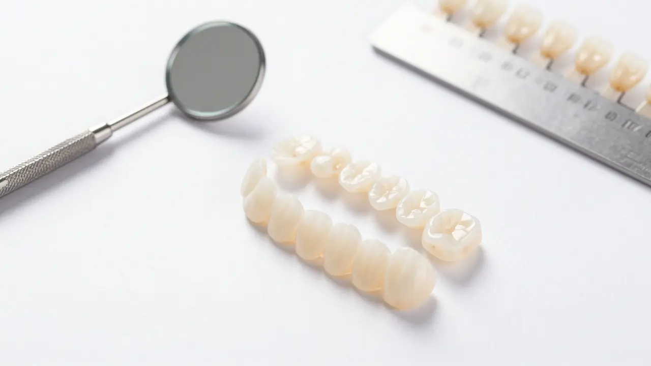 Tenké keramické zubní fazety vedle dentálních nástrojů