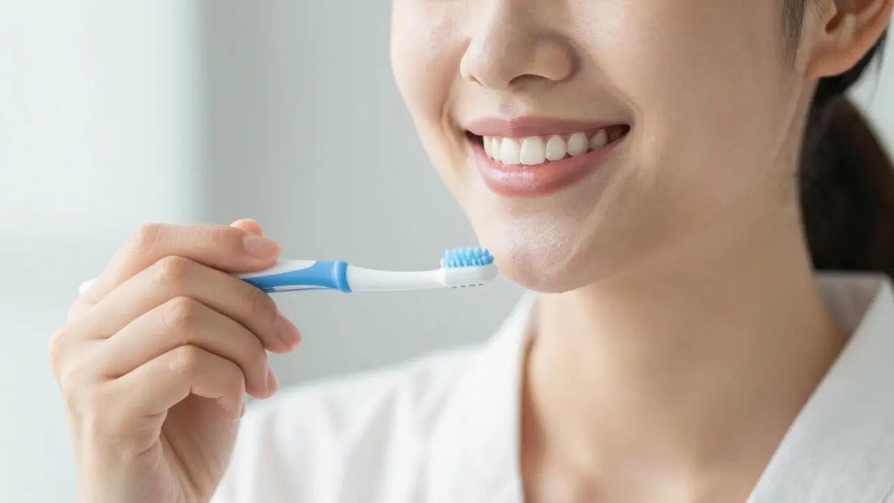 Úsměv pacienta s nástroji pro ústní hygienu