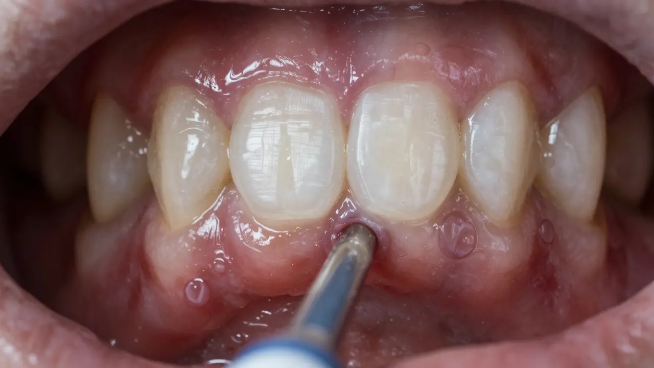 Zvětšený záběr zarudlé dásně kolem implantátu při čištění mezizubním kartáčkem.