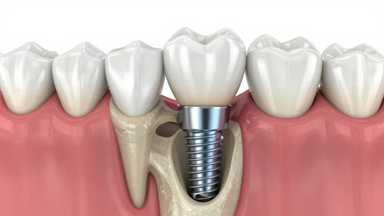 3D vizualizace zubního implantátu integrovaného v čelistní kosti s korunou.