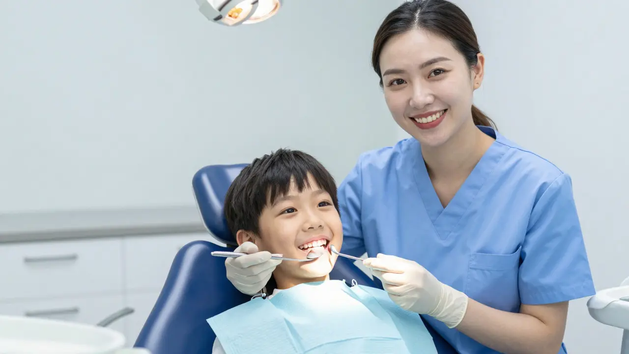 Dentální hygienista kontroluje zdravé zuby dítěte