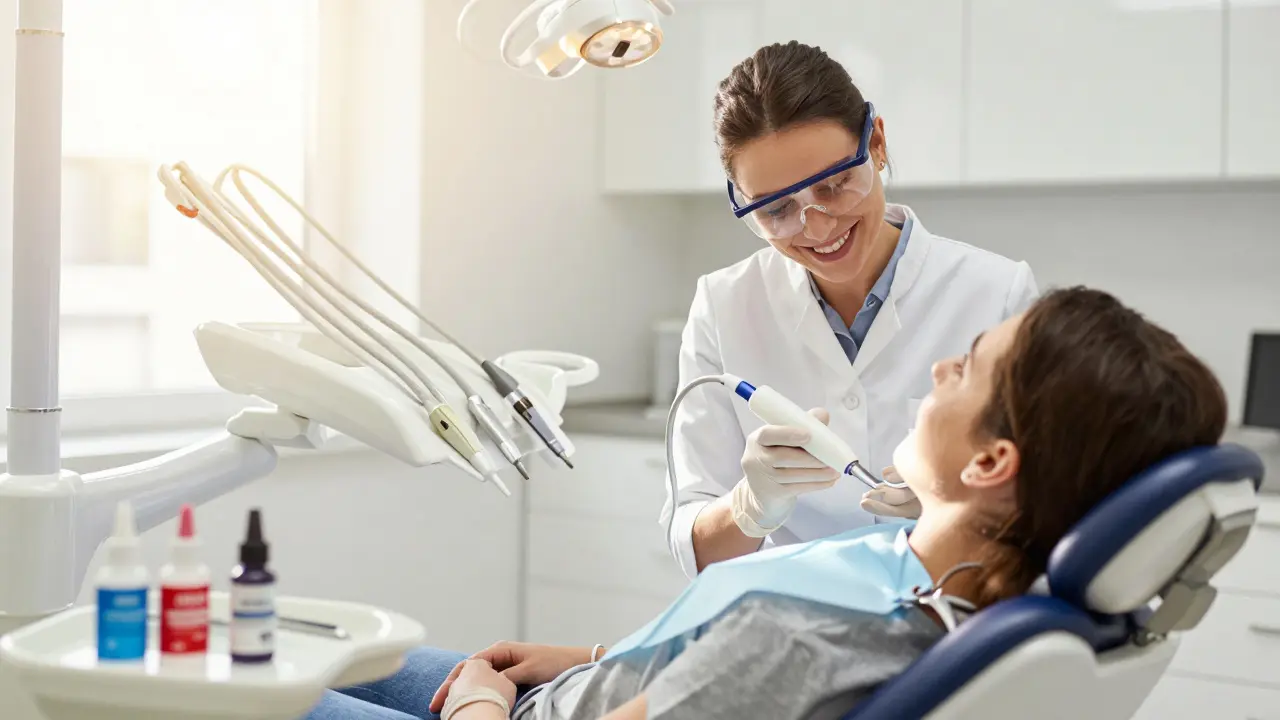 Dentální hygienista provádí pískování v moderní ordinaci