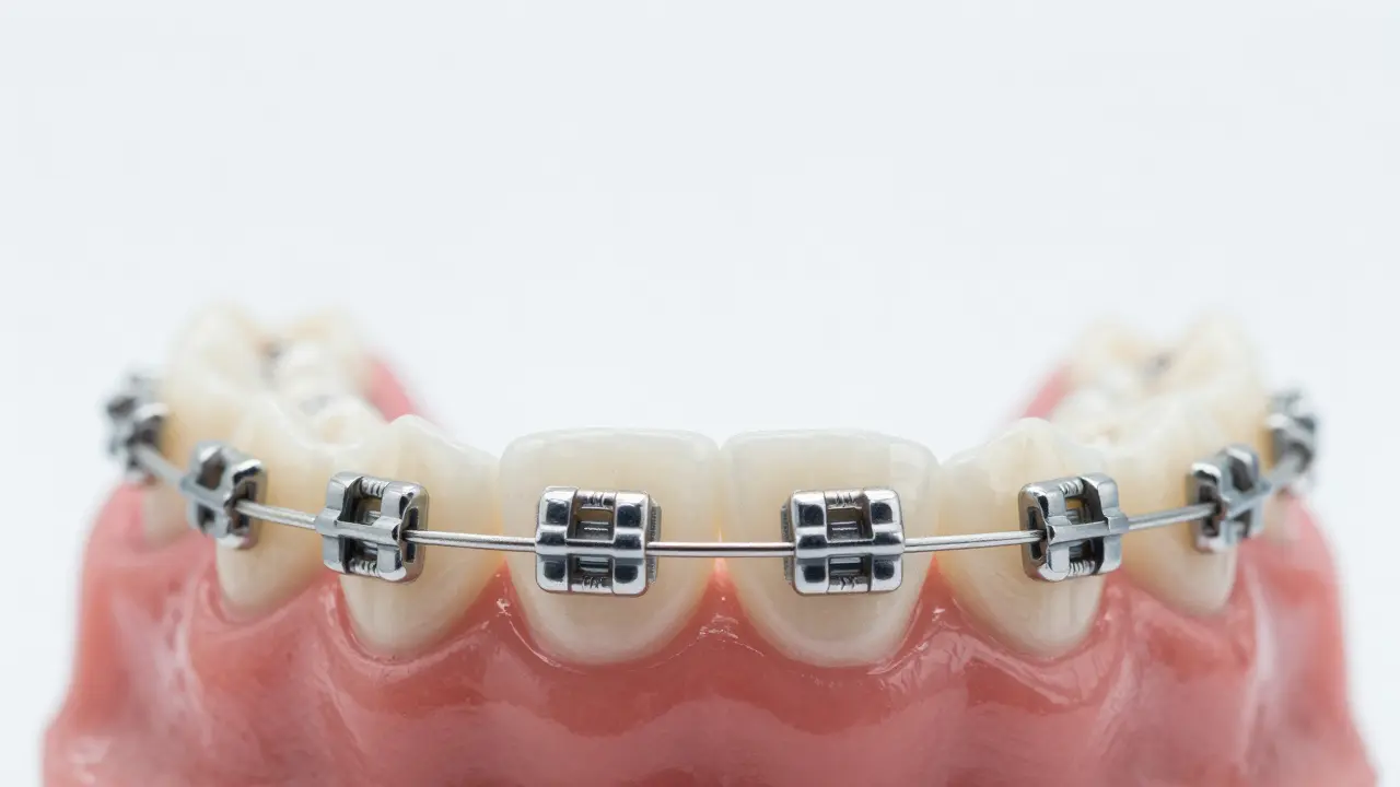 Detail kovových fixních rovnátek na zubech při ortodontické léčbě