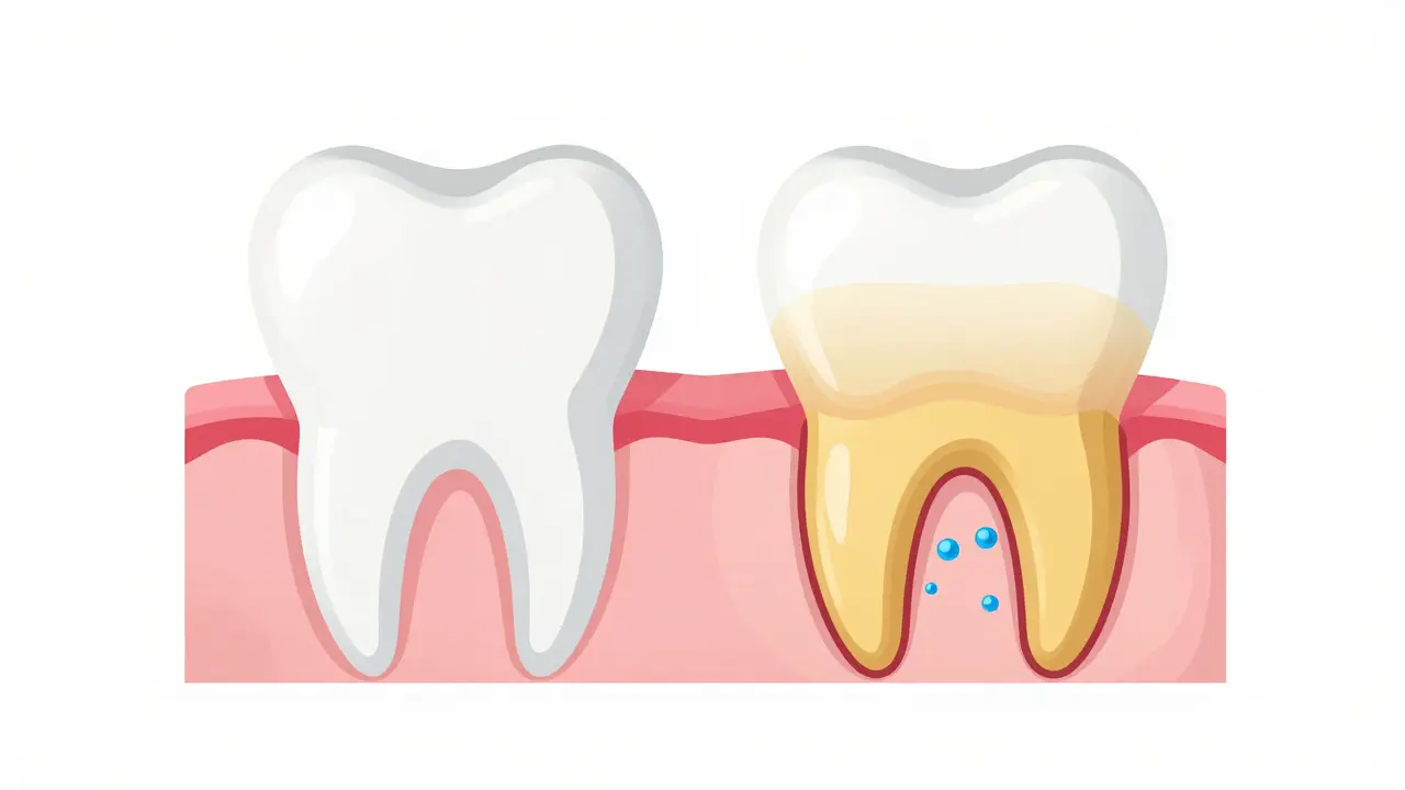 Schéma zabarvení zubů tetralinkem uvnitř dentinu