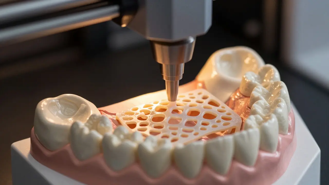 3D tiskárna vytváří kostní šablonu z biomateriálu na modelu čelisti