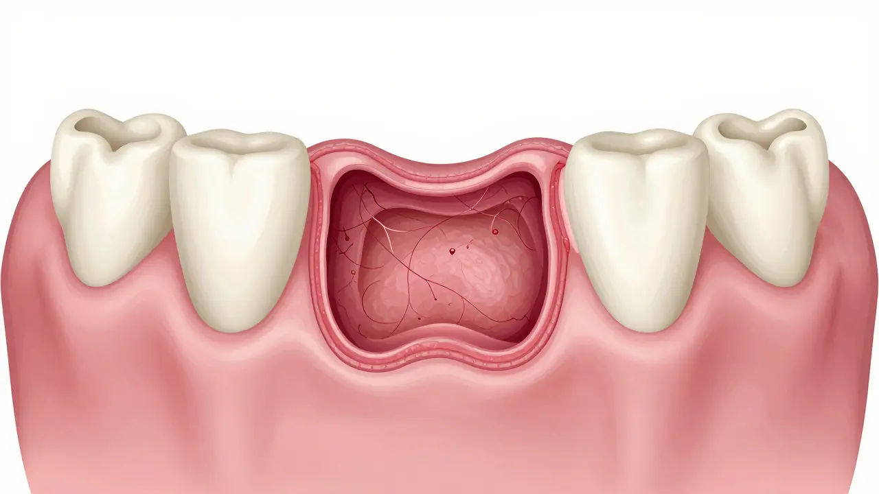 Anatomický řez ukazující hojení dásně a kosti po extrakci