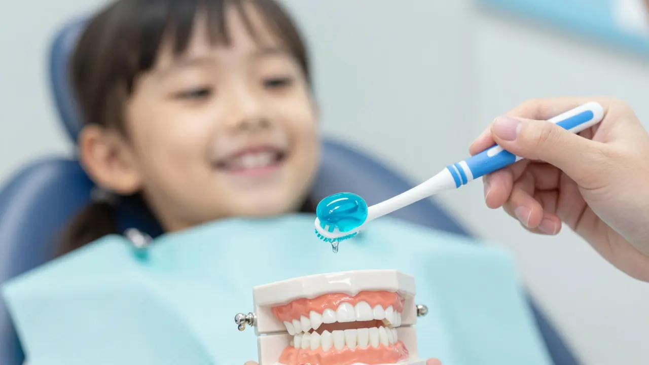 Aplikace fluorového gelu na zuby pro prevenci kazu u dětí