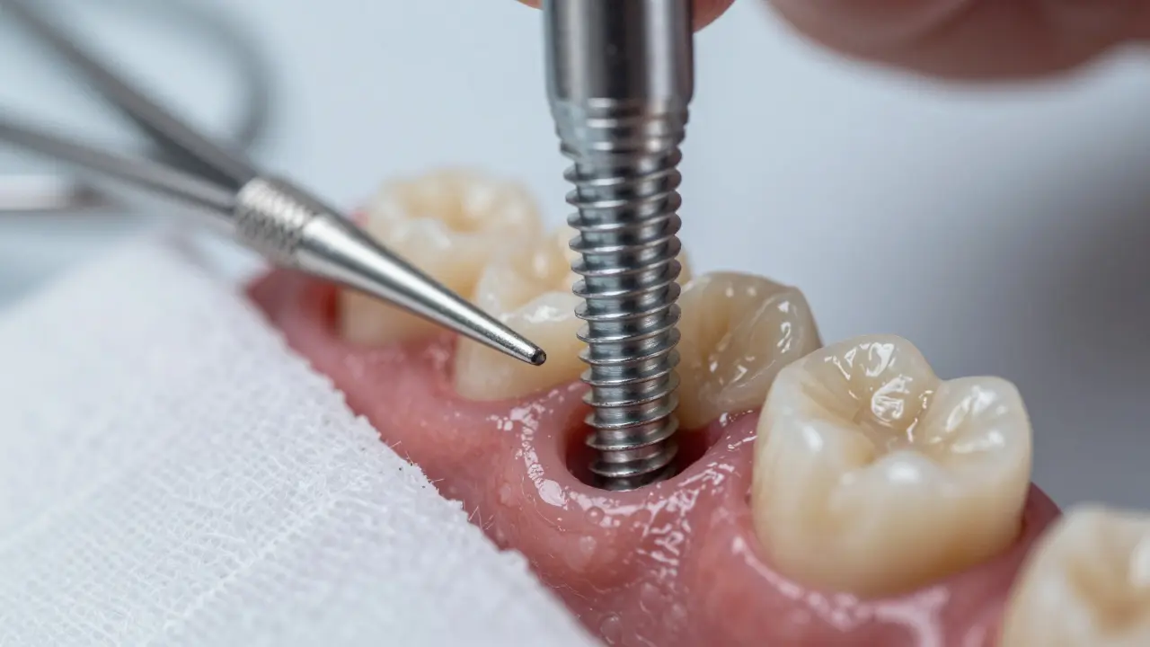 Detailní záběr na instalaci zubního implantátu do kosti