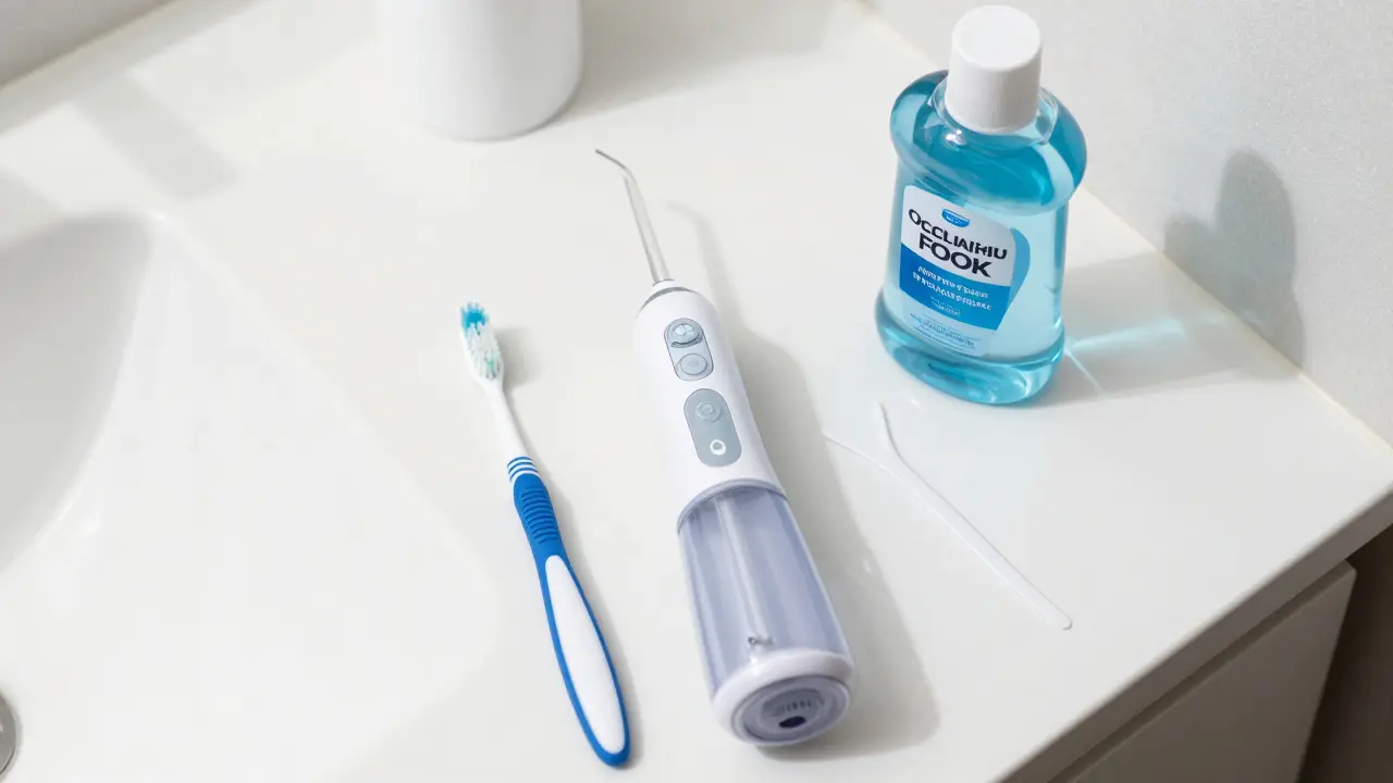 Hygienické pomůcky pro péči o rovnátka: kartáček, sprcha a ústní voda