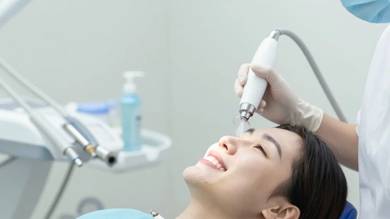 Profesionální zubní hygienista používá přístroj Air-Flow pro jemné čištění zubů v klidném prostředí.