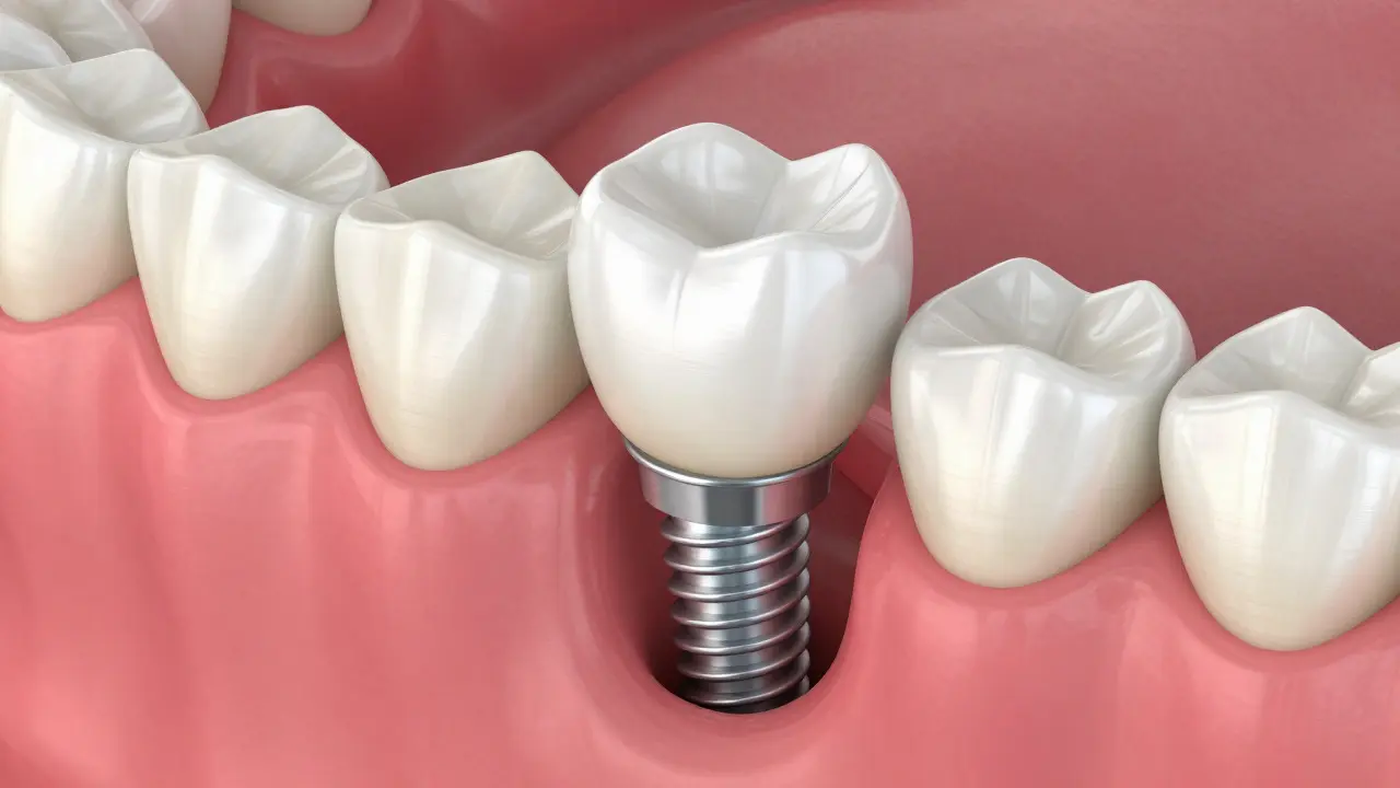 Schéma implantátu s korunkou ukotveného v čelisti