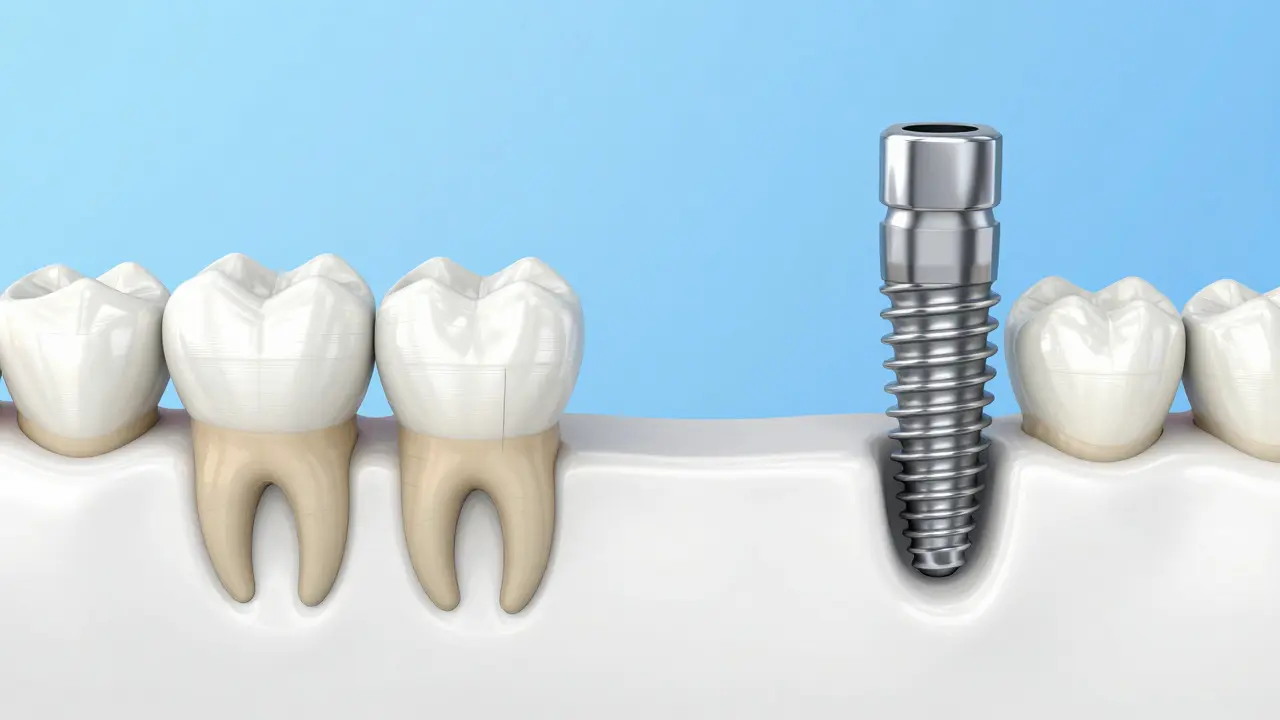 Srovnání zubního můstku a implantátu v řezu čelistí ukazující dopad na sousední zuby