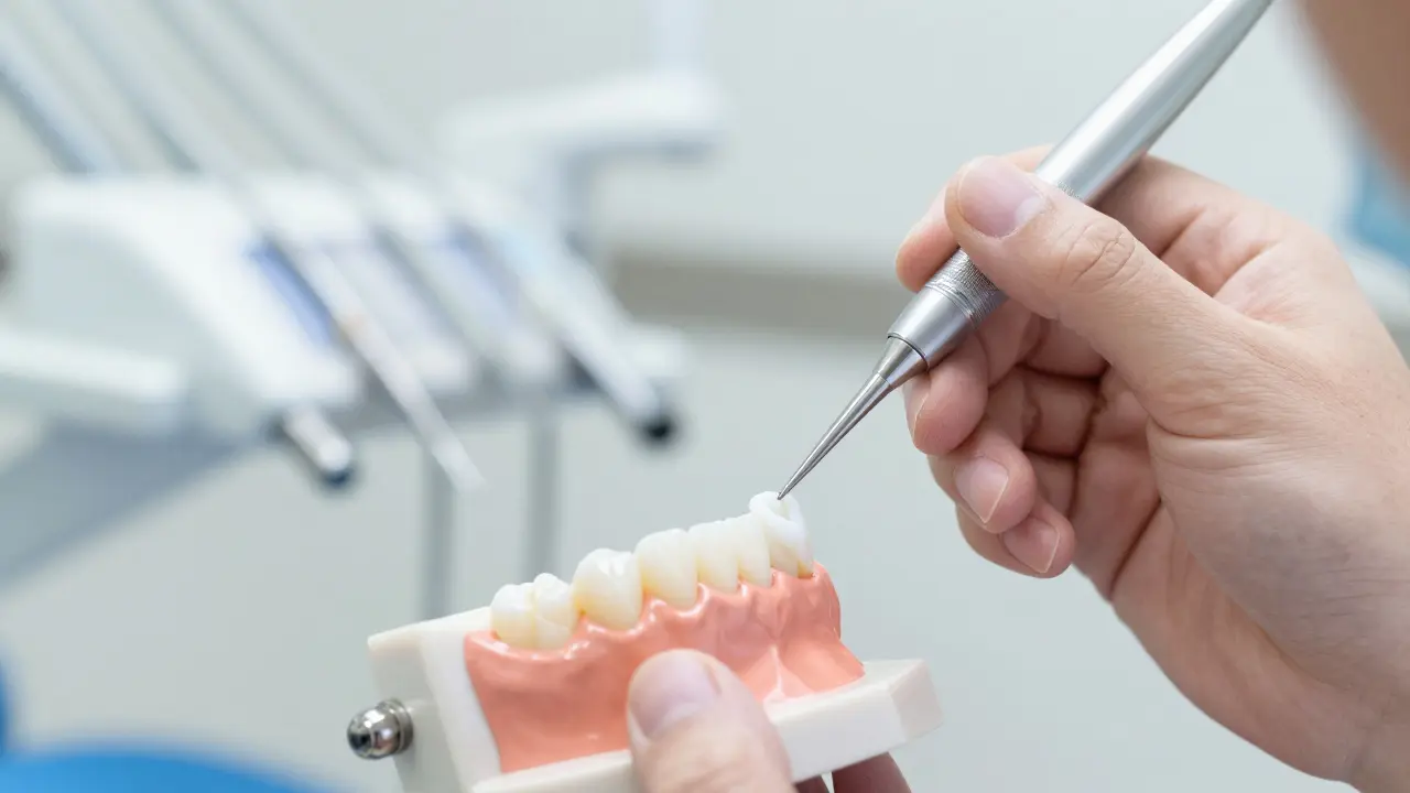 Zubní lékař aplikuje kompozitní materiál na přední zub