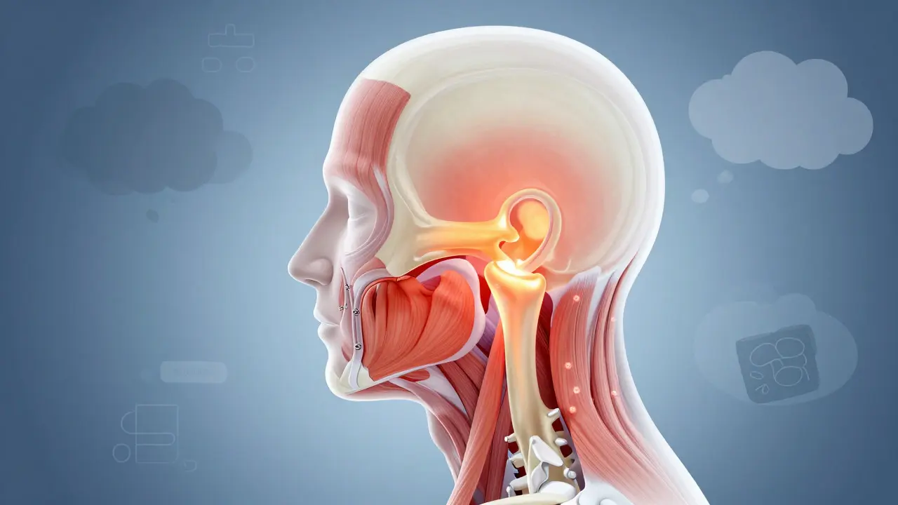 Anatomická ilustrace ukazující zánět čelistního kloubu a stres