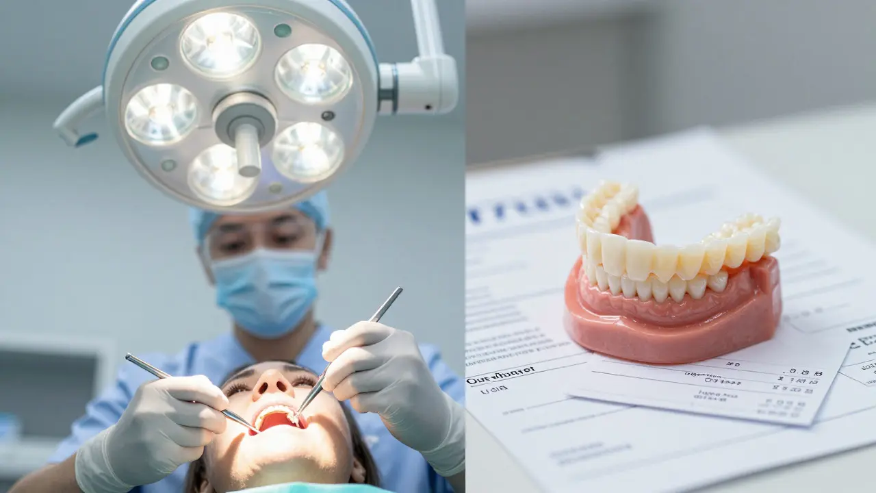 Dentista provádí endodoncii vedle keramické korunky a faktury, symbolizující ceny