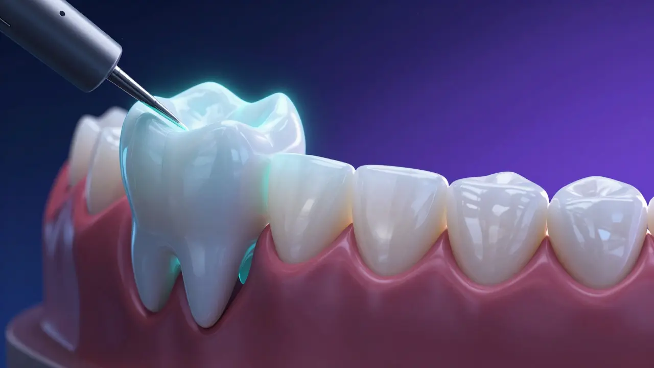 Konceptuální ilustrace výroby keramické fazety z digitálního modelu do finálního tvaru.