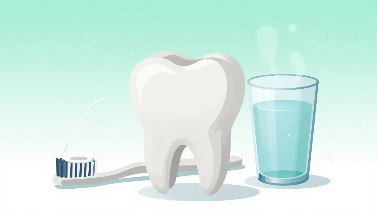 Konceptuální ilustrace zdravého zubu a hygienických nářadí