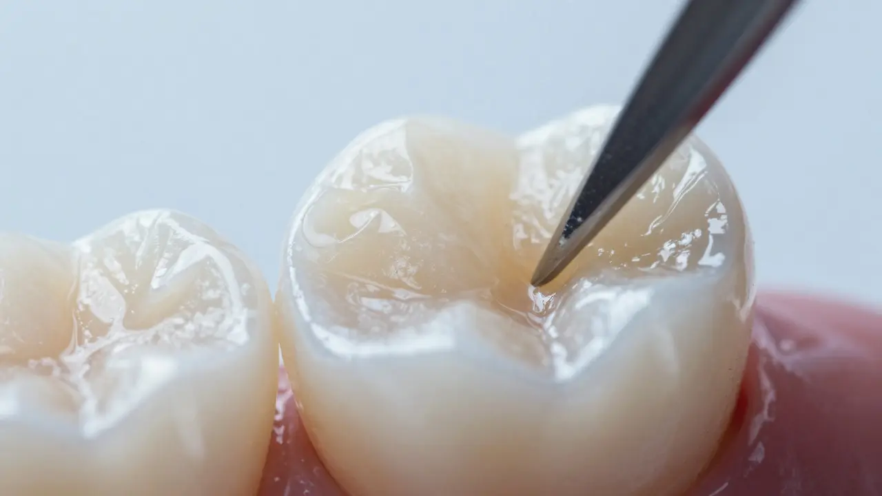 Makro záběr na zub s estetickou kompozitní plombou