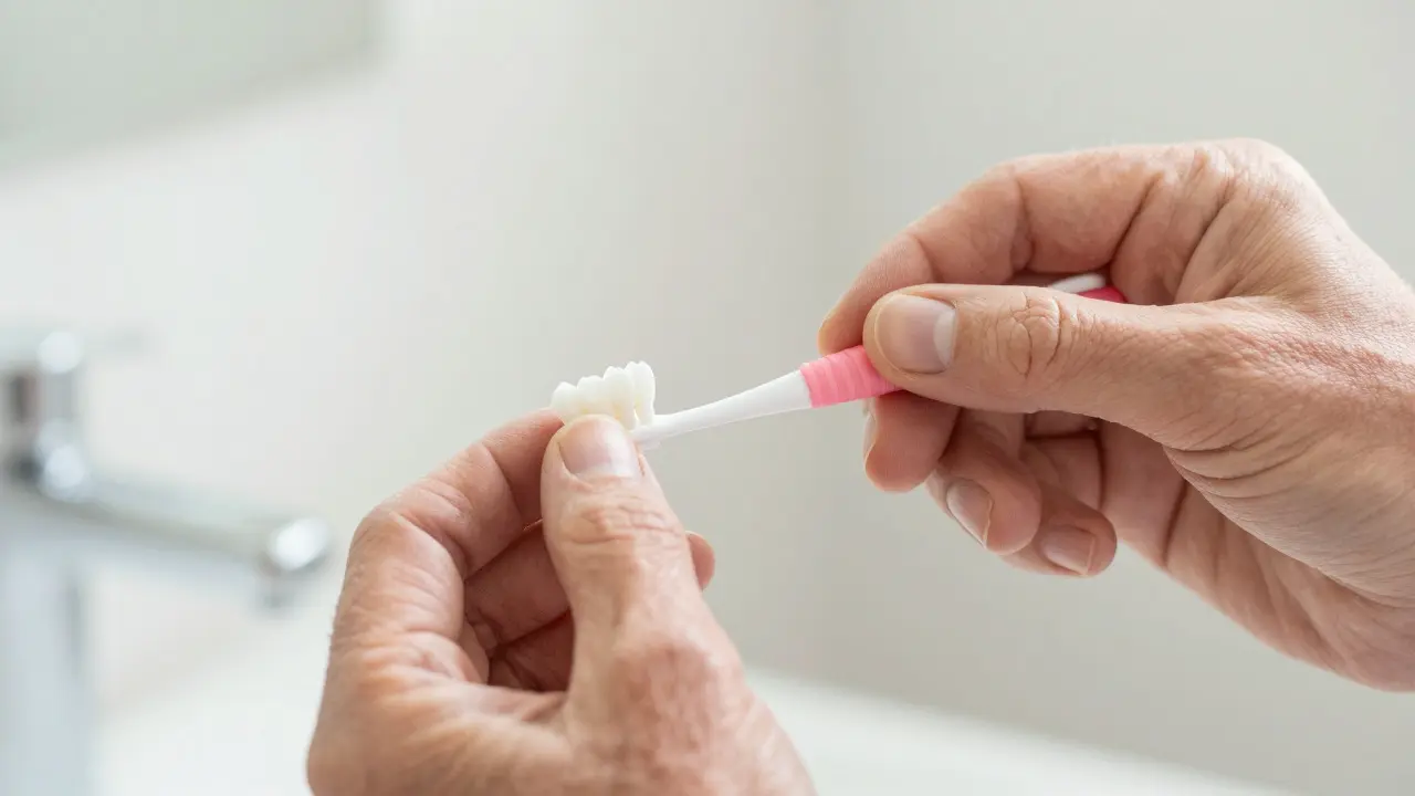 Ruce používající mezizubní kartáček pro prevenci zubního kamene