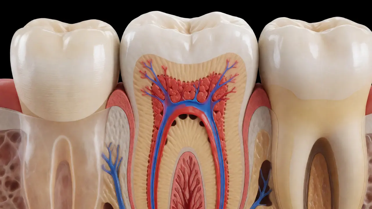 Anatomický řez zubem ukazující dřeň a nervy uvnitř korunky