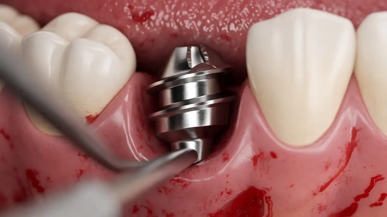 Chirurgické zavedení titanového zubního implantátu do kosti čelisti.