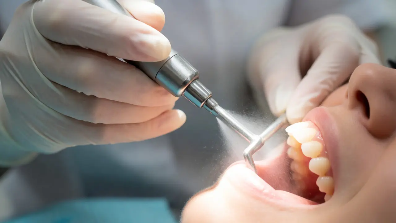 Dentální hygienistka odstraňuje zubní kámen ultrazvukovým přístrojem.