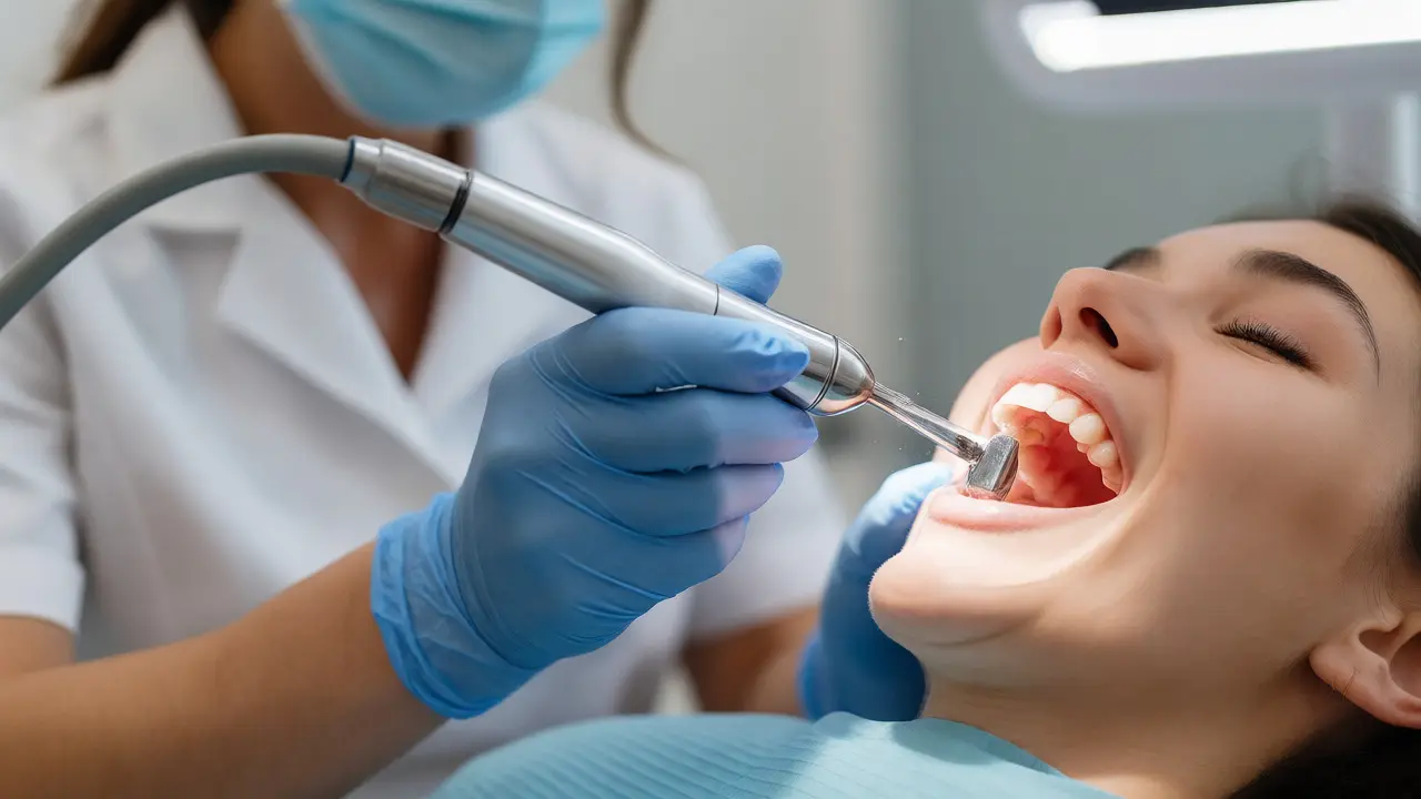 Dentista odstraňuje zubní kámen ultrazvukem