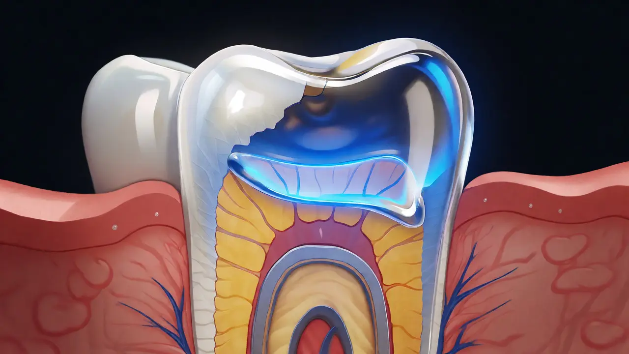 Ilustrace chráněného zubu s aplikací ochranné vrstvy na dentin