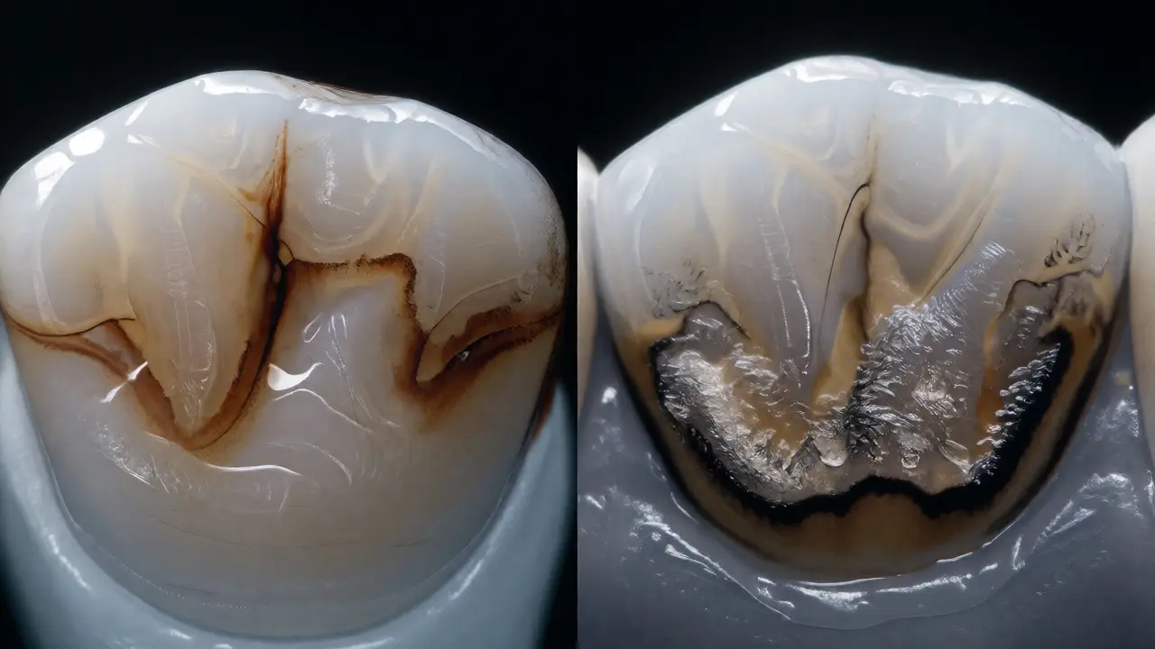 Makro pohled na zubní kámen a pigmentaci skloviny