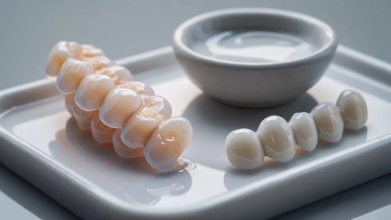 Porovnání porcelánových a kompozitních zubních facety na bílém podkladu.