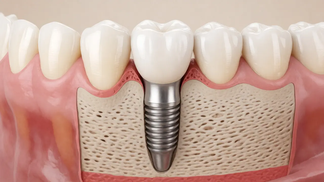 Řez zubem s kompletně zahojeným implantátem a keramickou korunkou.
