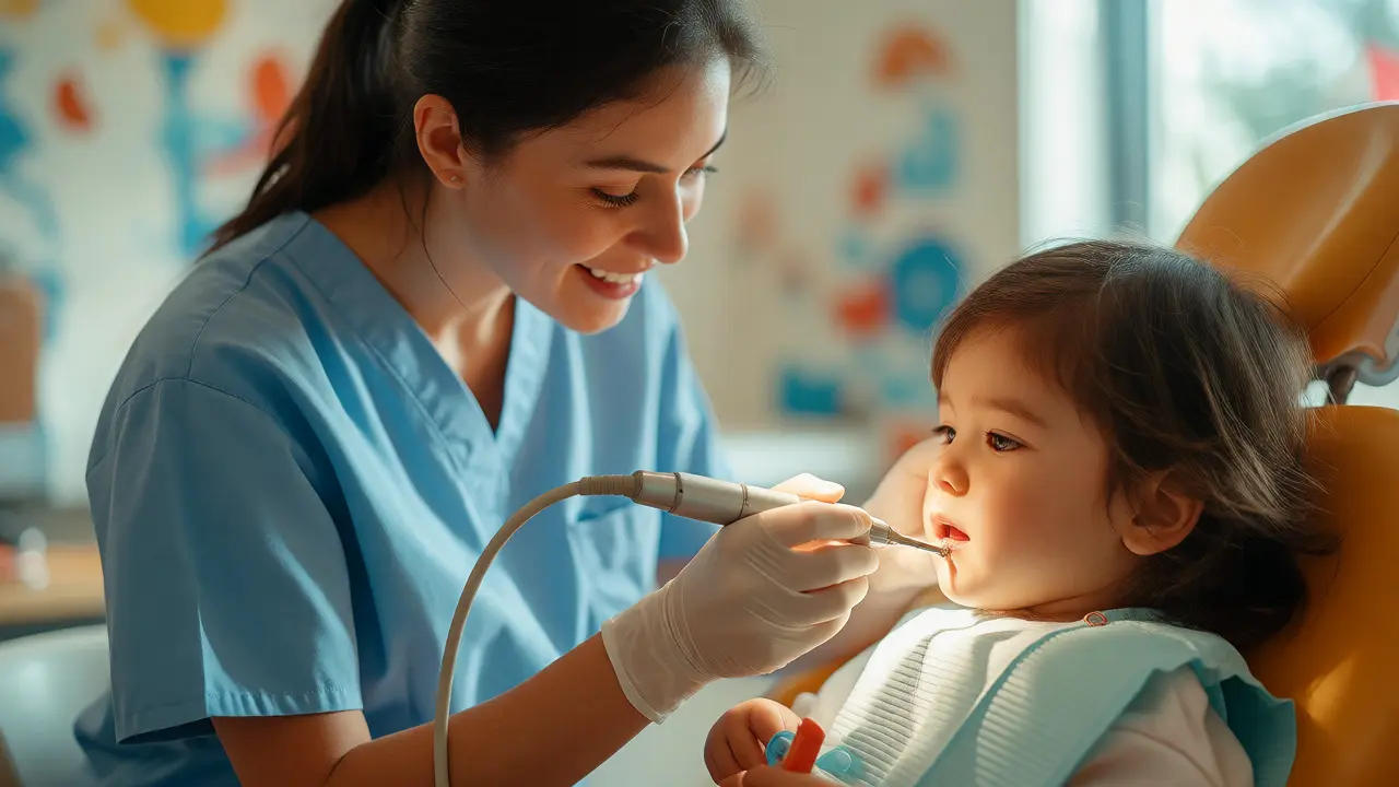 Dentální hygienistka odstraňuje zubní kámen dítěti