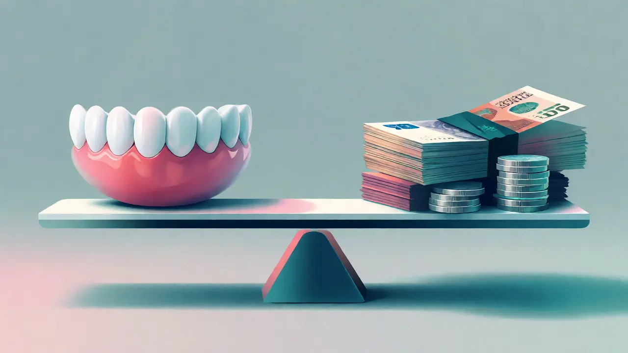 Ilustrace rovnováhy mezi zubními fazetami a financemi